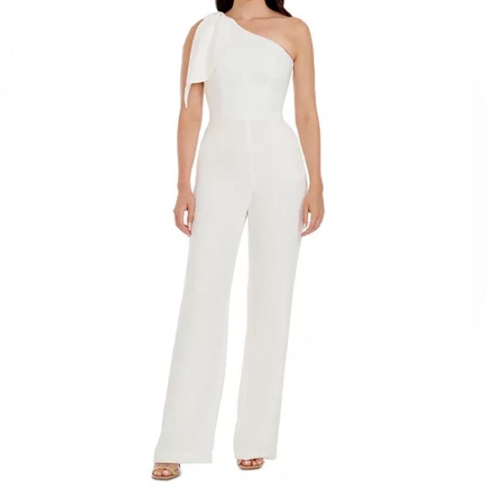 Dress the Population Tiffany Bow-Trim One Shoulder Jumpsuit-Off White-Size XL